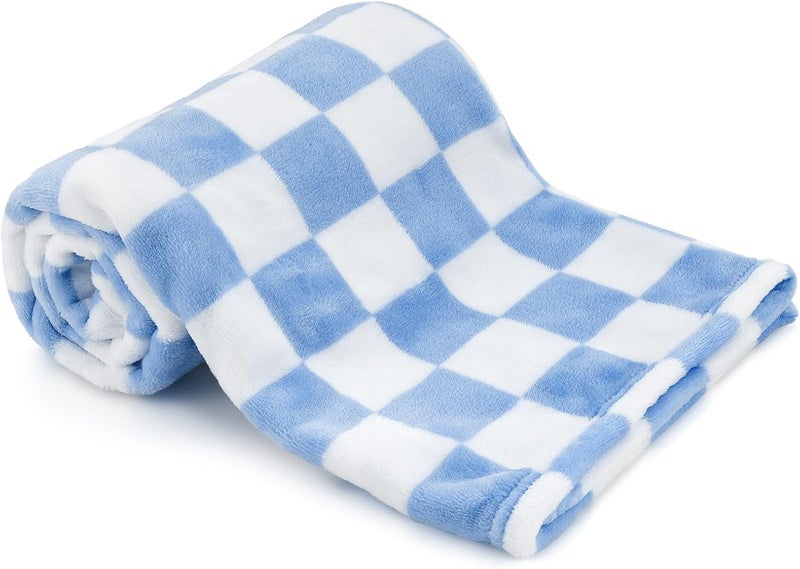 GreatBba Plush Checkered Baby Blanket for Boys Girls Nursery, 30"*40" Warm Short Fleece Blanket Neutral for Infant Newborn, Small Fuzzy for Sleeping, Chenille Baby for Stroller (Blue&White) - Image 1